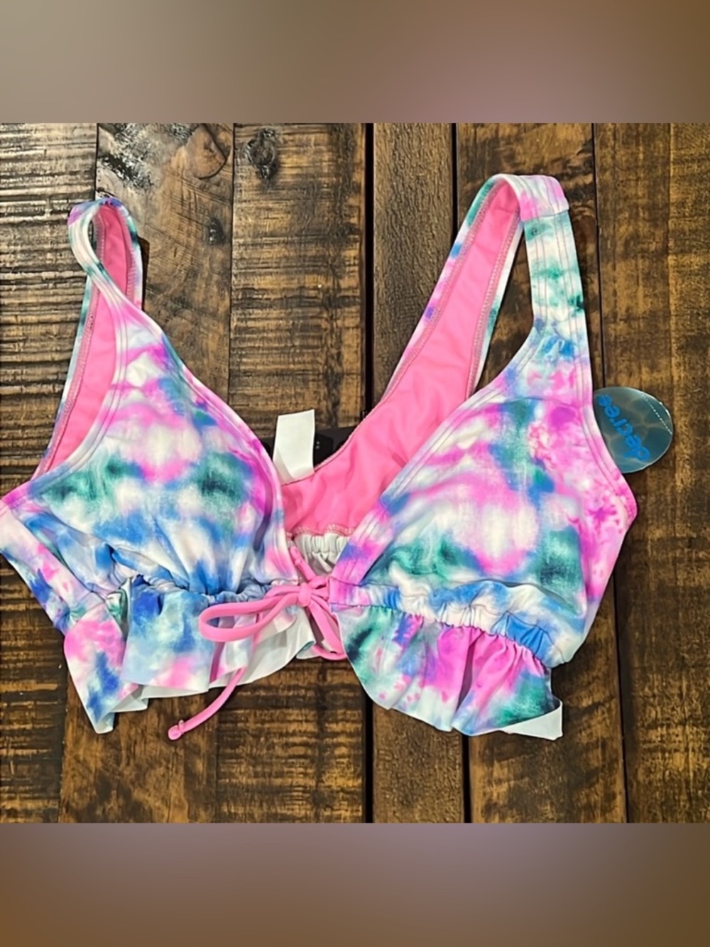 Bikini top Pink tyedye drawstring tie in front size small